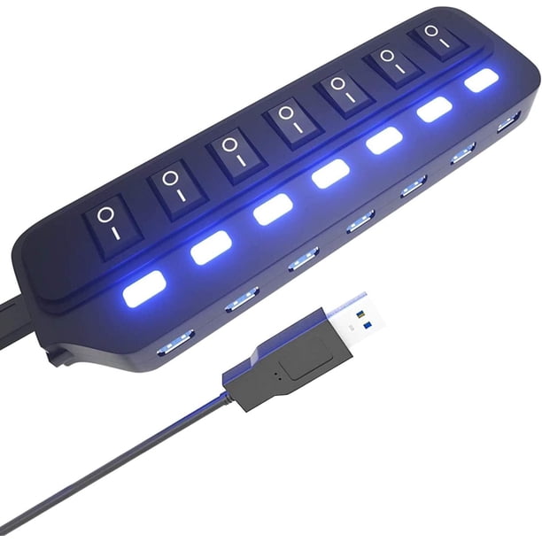 Hub USB 3.0, divisor de concentrador USB de 7 puertos con interruptores LED individuales de encendido/apagado, extensión USB de datos de alta velocidad de 5 Gbps para laptop, , unidades