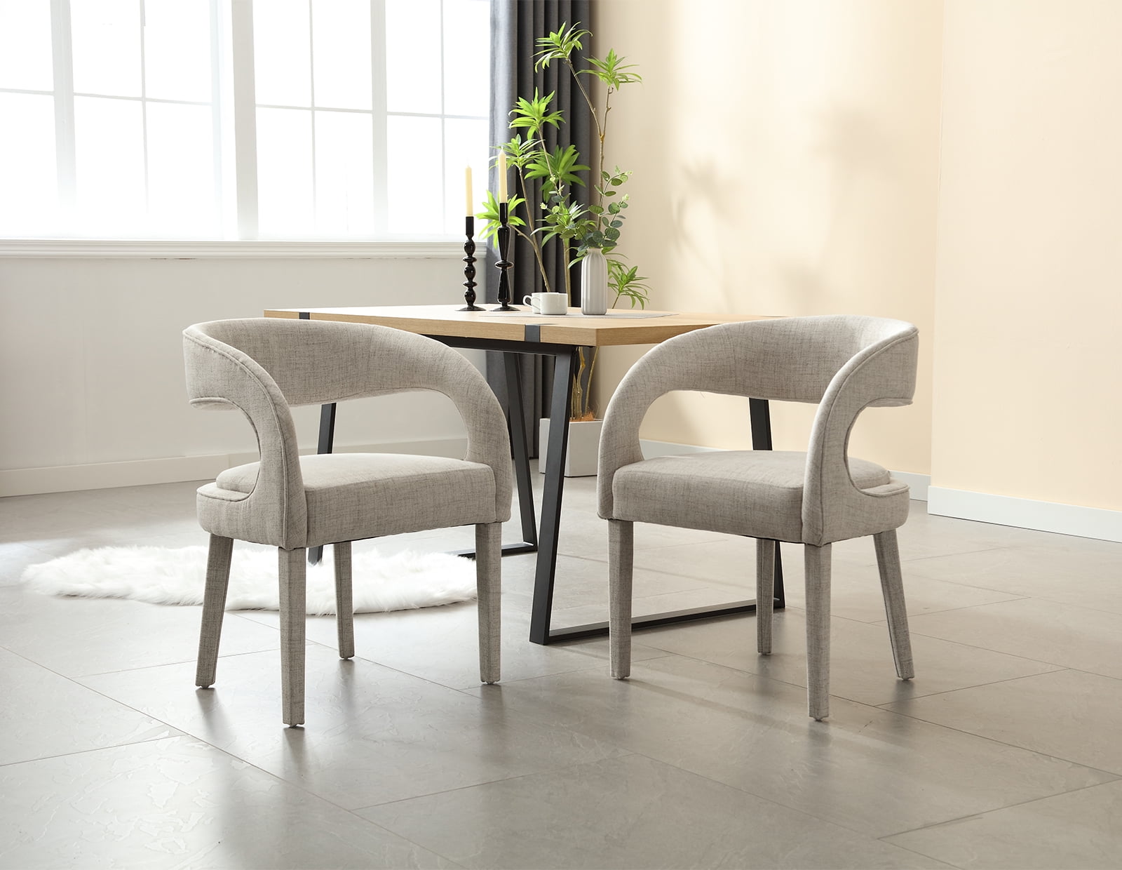 Guyou Modern Dining Chairs Set of 2, Linen Upholstered Barrel Kitchen Chairs with Open Back, Lovely Dresser Chair, Comfy Dining Side Chairs for Dining Room Bedroom Living Room, Beige