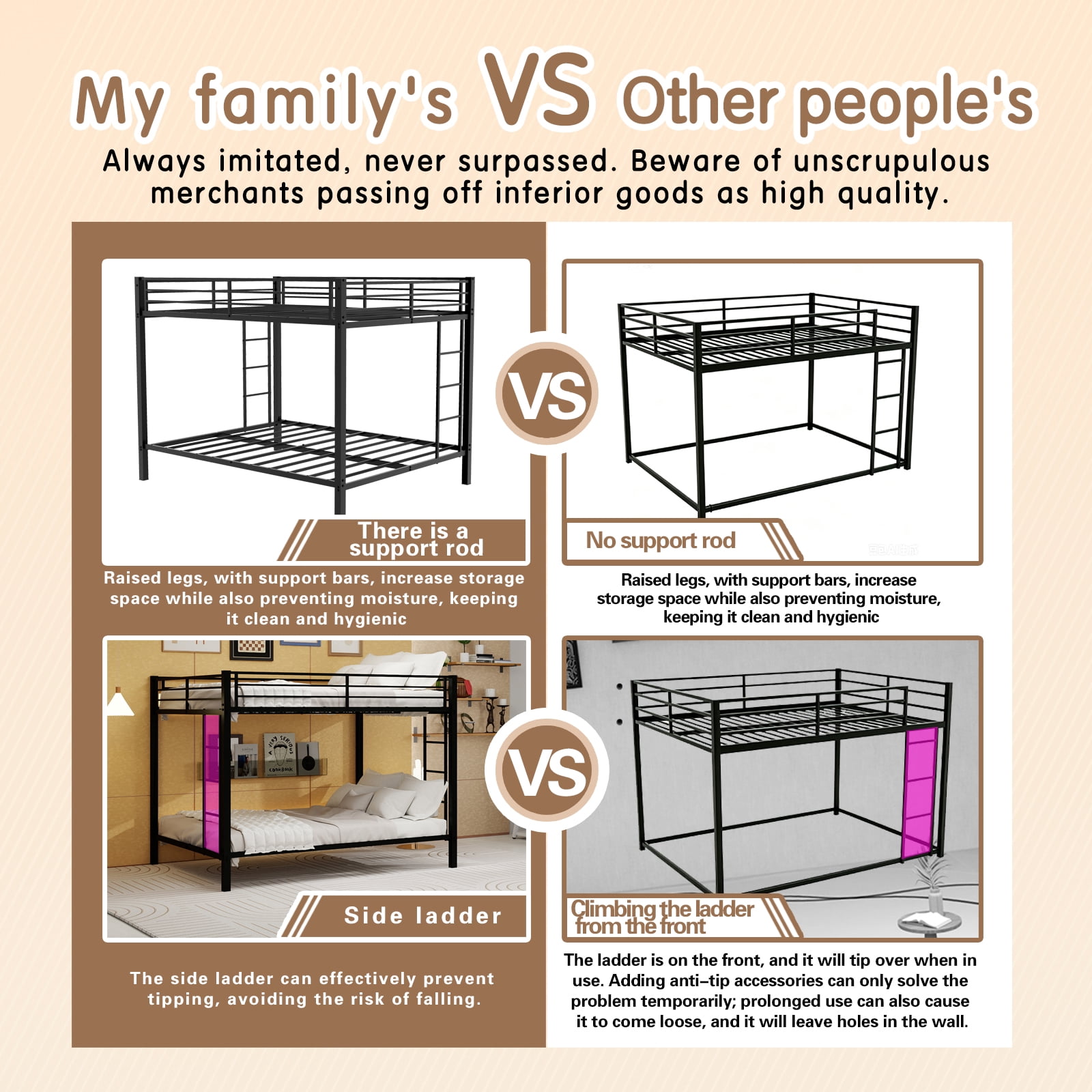 Leumius Queen over Queen Metal Bunk Bed,Heavy-Duty Steel Frame with Ladder & Safety Guardrails for Adults,Black