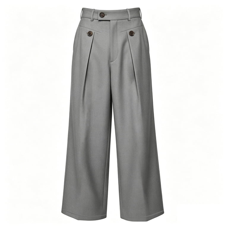Lodieny Mens Wide Leg Baggy Dress Pants Button Decorative Pleated Slacks Work Business Suit Trousers with Pockets Gray L, Men's, Size: Large