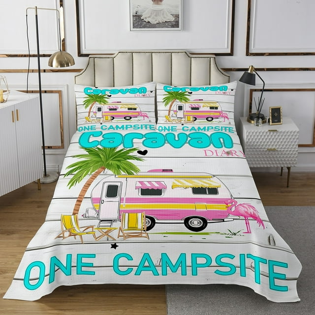 Erosebridal Teen Pink Camper Bedspread Sets Twin Size,Rustic Lodge Bed Quilt,Rv Car Decor,Breathable,2 Pieces