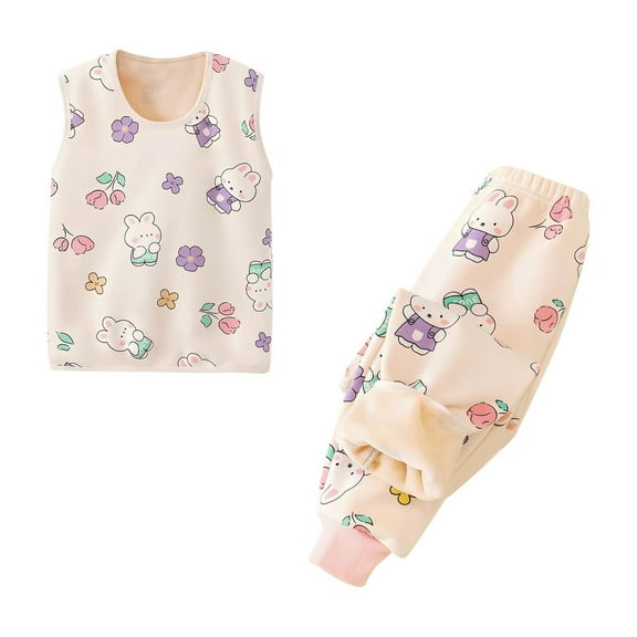 bbymog Fleece Pajamas for Girls 2 Piece Crewneck Sleeveless Top Elastic Waisted Pants Set Casual Nightwear Boys' Pajama Sets Beige 110