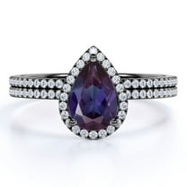JeenMata Signature Halo 1.5 Carat Pear Cut Synthetic Alexandrite and Moissanite Half Eternity Wedding Ring Set in 18k Black Gold over Silver