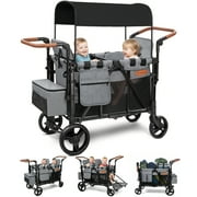 Vomeast Upgrade Wagon Stroller for 2 Kids, 2-Seater Baby Stroller Wagon with Canopy, 5-Point Harness, Adjustable Handle(Grey)