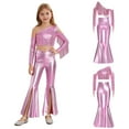 thumbnail image 5 of Miutii Kids Girls 2 Piece Sequin Dance Outfit Long Sleeve Metallic Fringed Crop Top and Stretchy Bell Bottom Pants Pink 16, 5 of 7