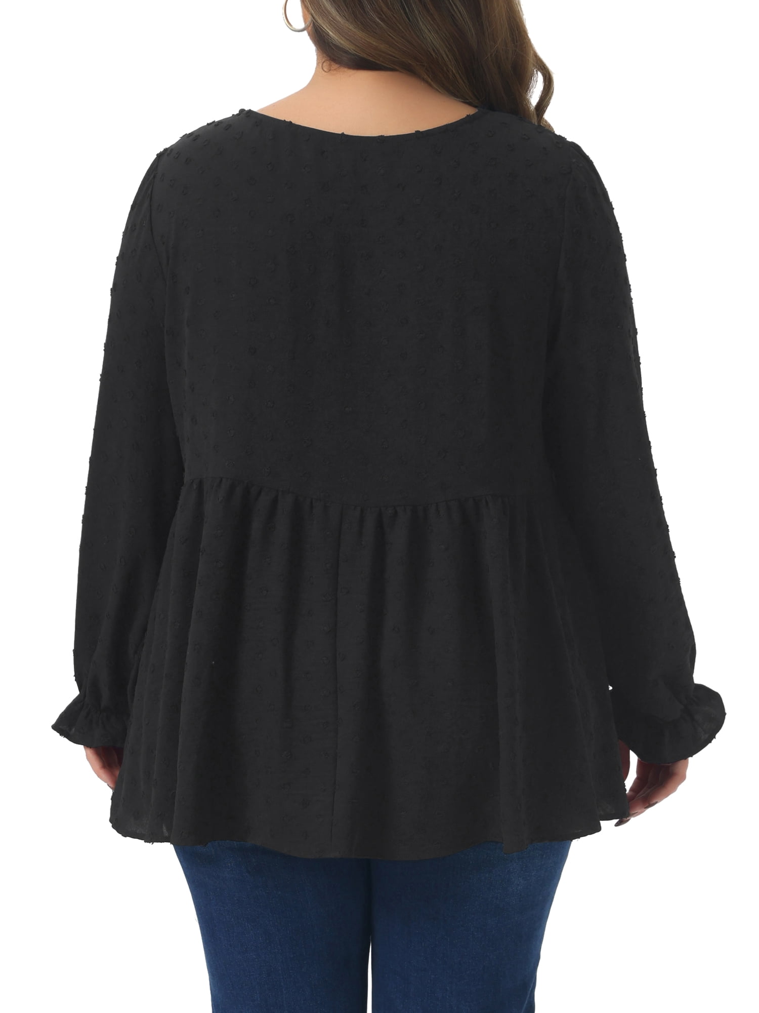 DARING DIVA Women's Plus Babydoll Round Neck Tiered Swiss Dots Blouse 1X Black