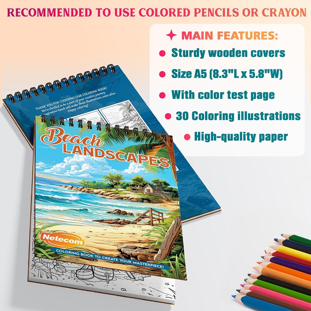 Beach Landscapes Coloring Book Spiral Bound for Adults, A5 Wooden Cover, 30 Beautiful Beach Scenes Coloring Pages of Serene Coastal for Stress Relief and Relaxation