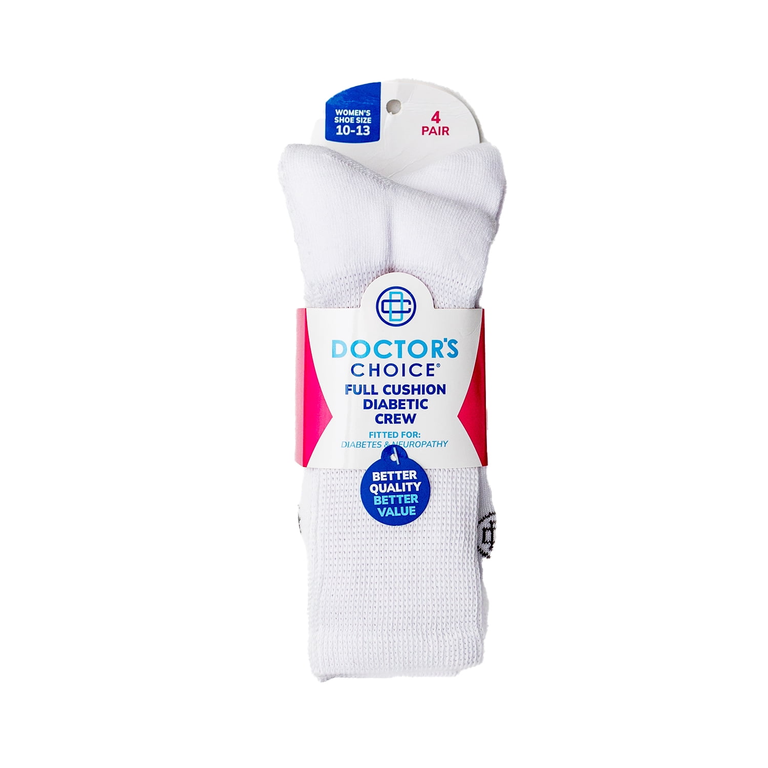 Doctor's Choice Diabetic Full Cushion Crew Women's Socks, Large, Women's Shoe Size 10-13, 4 Pack