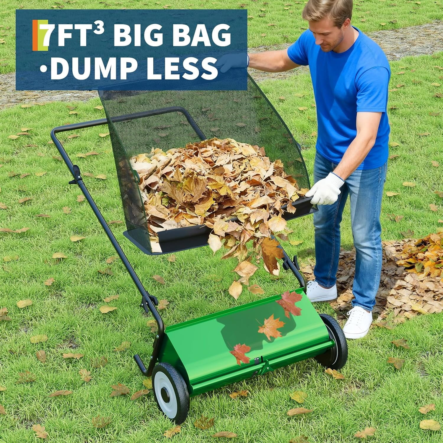 Push Lawn Sweeper,26 in Width Enhanced 4-Brush System, 7 ft Capacity Heavy Duty Steel Frame, Ideal for Yard and Garden Cleanup, Green