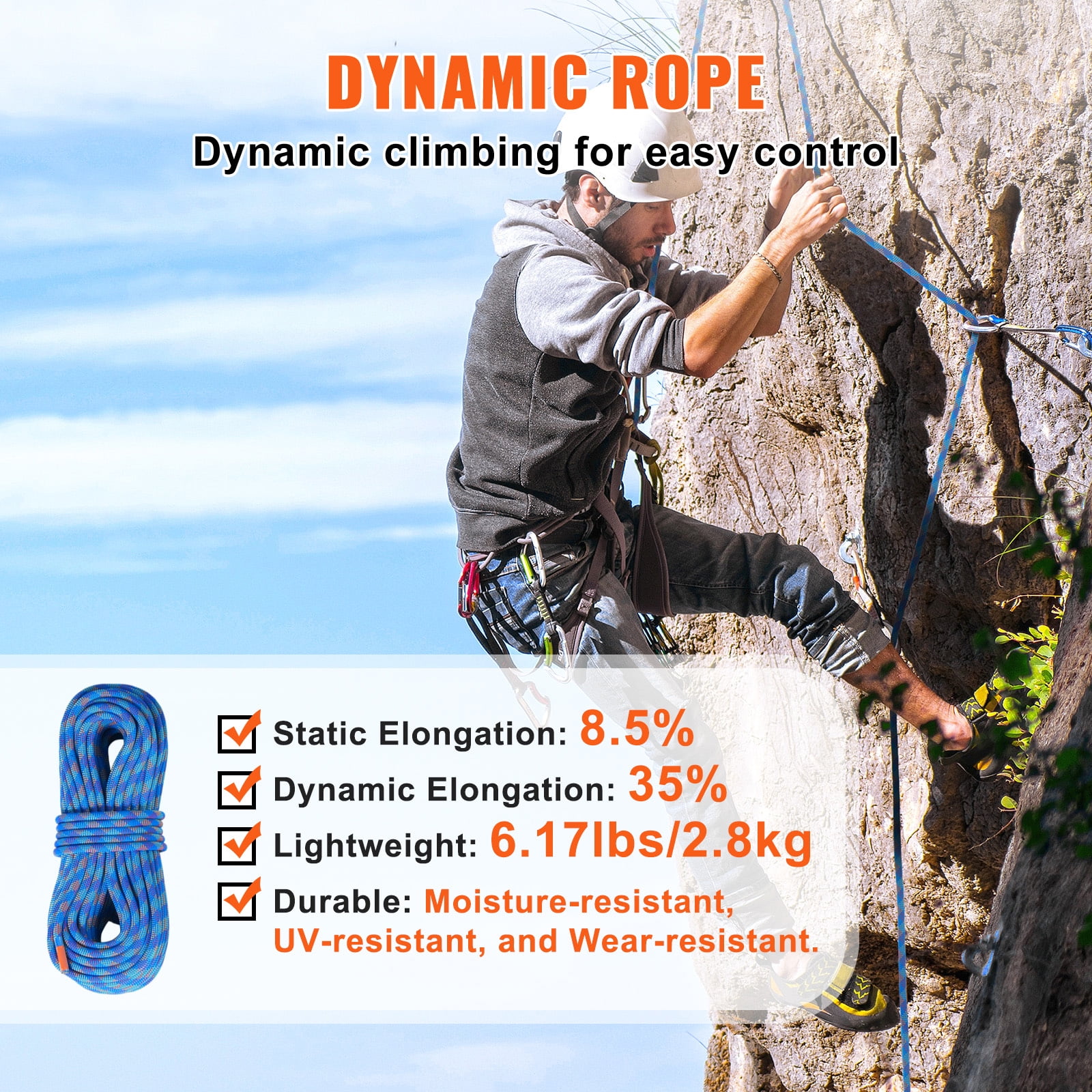 KFFKFF 10.2mm Dynamic Rope, 40M for Outdoor Climbing, 25KN Tension, Flexible Fiber with Steel Hooks for Escape, Rappelling, Fire Rescue, Blue
