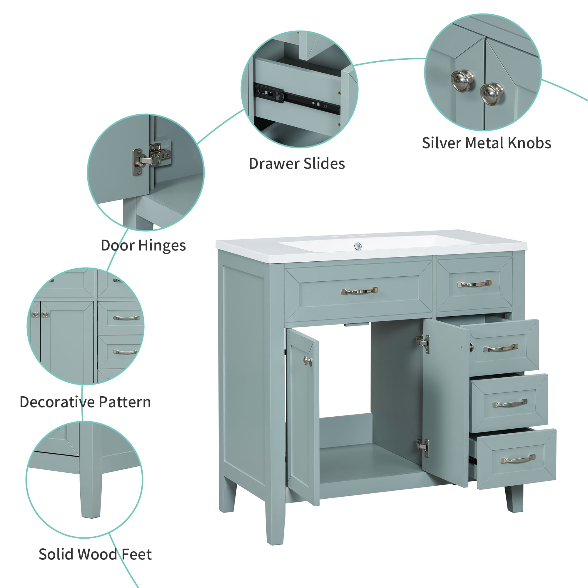 Euroco 36" Bathroom Vanity with Sink，Drawers, Solid Frame and MDF Board