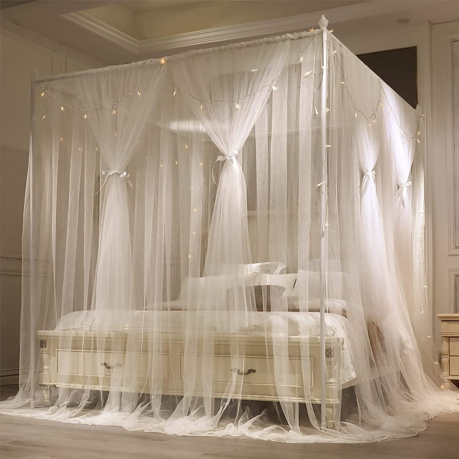 4 Corners Post Princess Bed Canopy Curtain Double Layer Cozy Drape Netting 4 Opening Mosquito Net for Girls & Adults Bedroom Decoration Accessories (Double White, 47" W*78" L*82"*H/Twin)