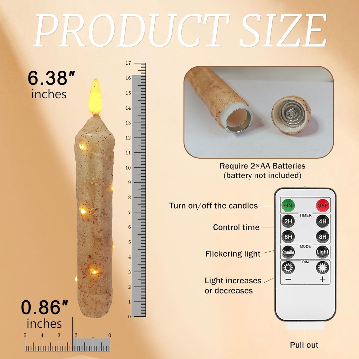 XINAOBAOLUO 6.5 Inches Real Wax LED Flameless Hand Dipped Battery Operated Taper Candles with Timer Remote Candles for Vintage Rustic Home Decor, Set of 2(Khaki)