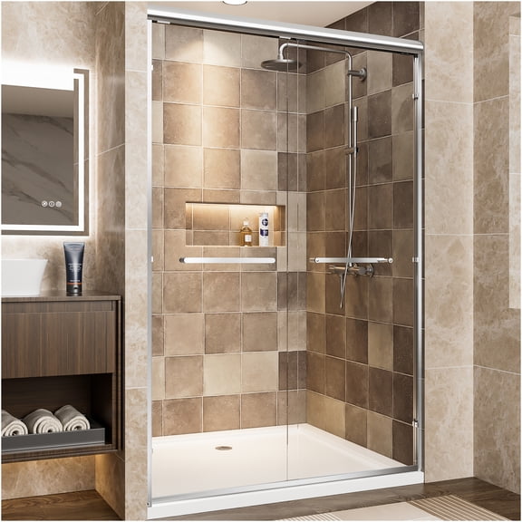 JERFIT 44-48 Inch Adjustable Double Sliding Shower Door with Clear Tempered Glass, Chrome Aluminum Frame for Modern Bathroom