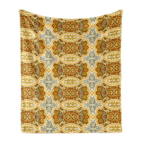 Autumn Damask Soft Flannel Fleece Throw Blanket, Floral Motifs Ornamented Symmetrical Oriental Theme Design Image, Cozy Plush for Indoor and Outdoor Use, 60" x 80", Beige and Multicolor, by Ambesonne