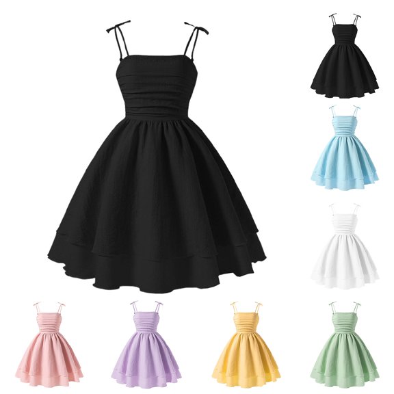 TGPMGRZ Girls Dress Kids Summer Spaghetti Strap Ruched Layered Smocked Back Casual Beach Sundress Blue 14-15 Years