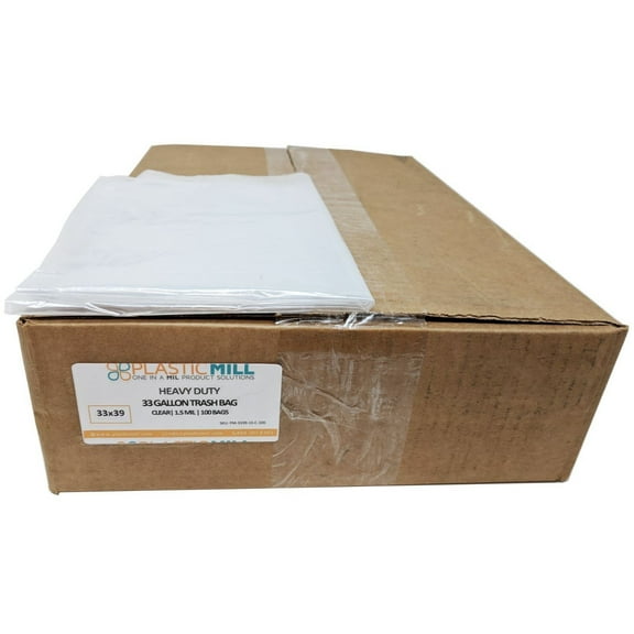PlasticMill 33 Gallon, Clear, 1.5 MIL, 33x39, 100 Bags/Case, Garbage Bags / Trash Can Liners.