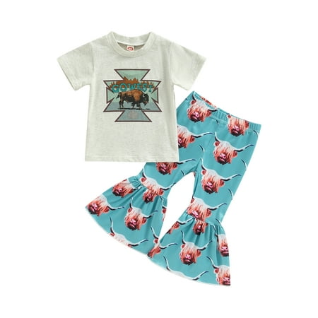 

Zervatek Toddler Girl Summer Clothes Set Letter Print Round Neck Short Sleeve T-Shirt Animal Print Flare Pants
