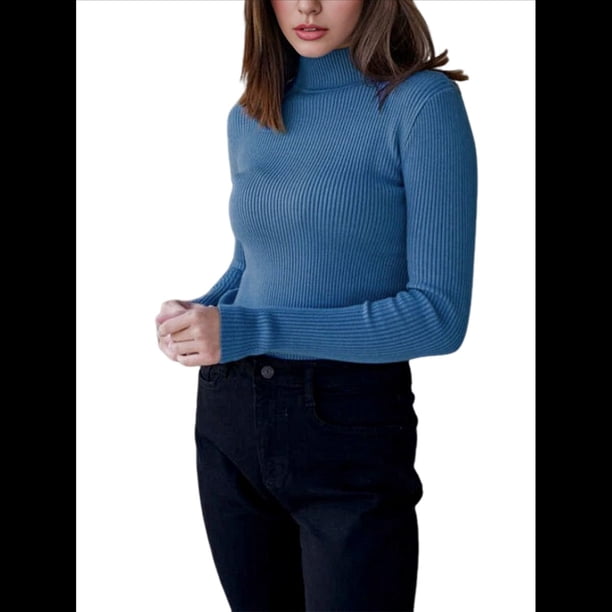 Suéter de Cuello Alto Acanalado para Mujer, Larga, Blusa Térmica de Peso Medio Azul Vaquero un Tamaño