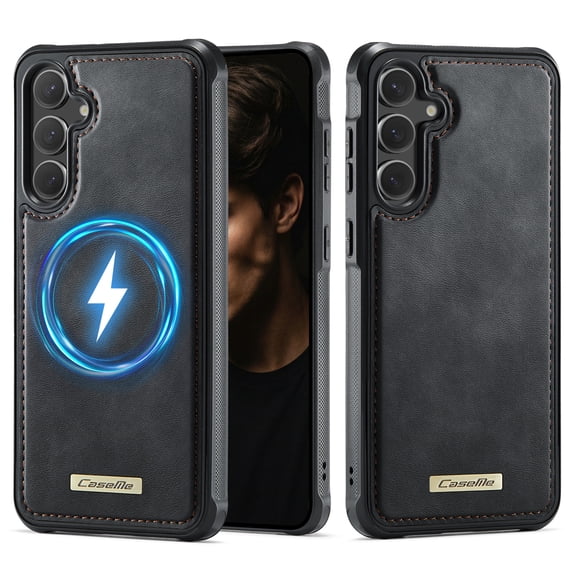 ELEHOLD Magnetic Case for Samsung Galaxy S25 FE, Faux Leather Texture Slim Shockproof Cover, Compatible with Mag Safe Accessories, Black