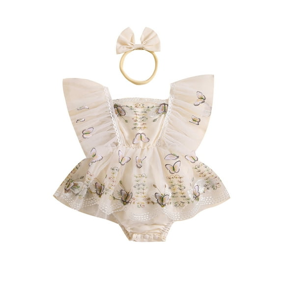 Newborn Baby Girls Rompers with Headband Lace Trim Butterfly Pattern Fly Sleeve Tulle Princess Dress Bodysuits Clothes