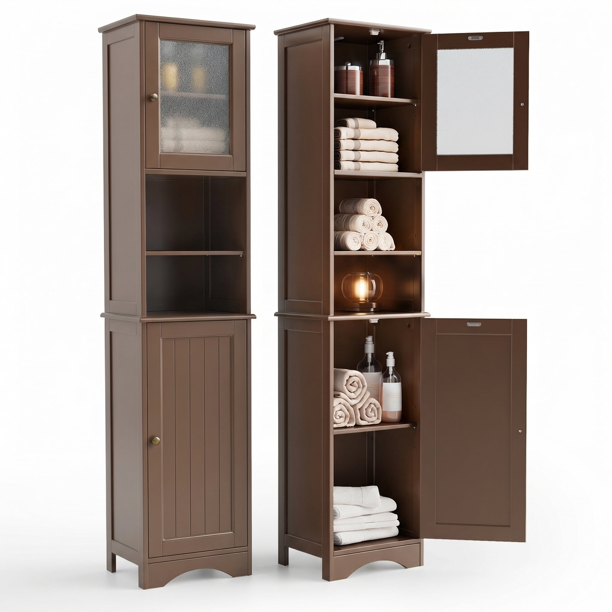 Lofka 67”H Tall Bathroom Storage Cabinet with Adjustable Shelves, Narrow Tall Linen Tower  with Two-Way Doors, Dark Brown