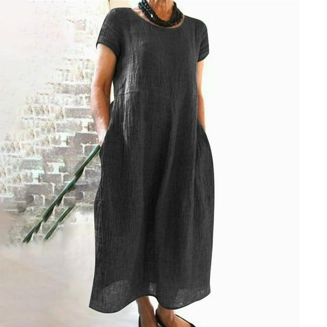 Robe Midi Décontractée à Manches Courtes et Manches Courtes pour Femme avec Poches
