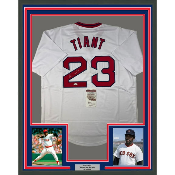 Framed Autographed/Signed Luis Tiant 35x39 Boston Red Sox White Baseball Jersey JSA COA