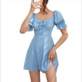 thumbnail image 1 of Vestido Corto de Verano para Mujer, Corte A, con Cuello en Forma de Corazón, Mangas Abullonadas y Cordón Ajustable Azul L, 1 of 8