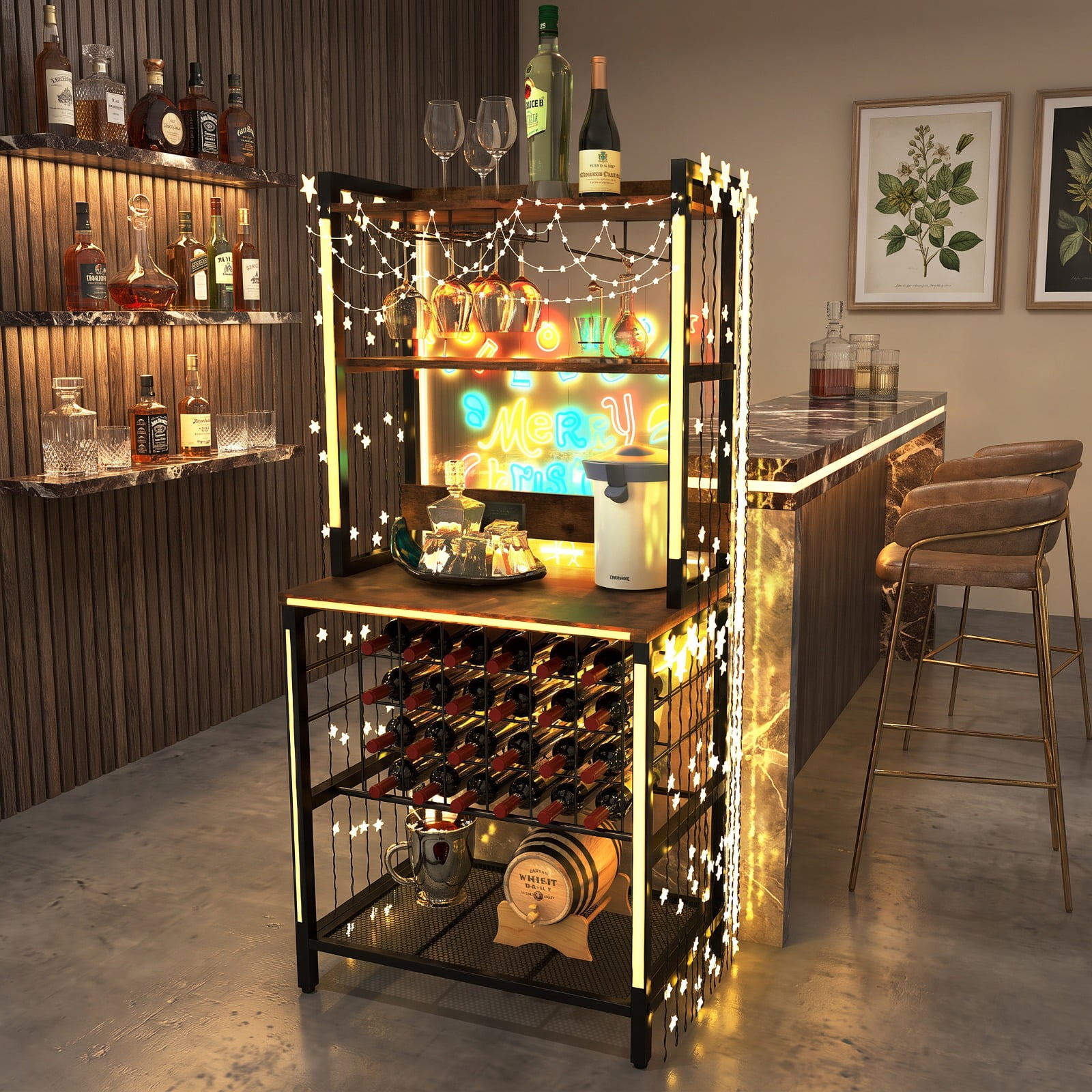 RUIE Wine Bar Cabinet with Power Outlets, Industrial Bar Cabinet with Wine Rack Glass Holders 4-Tier Storage for 24 Bottles, Kitchen Dining Room, Brown