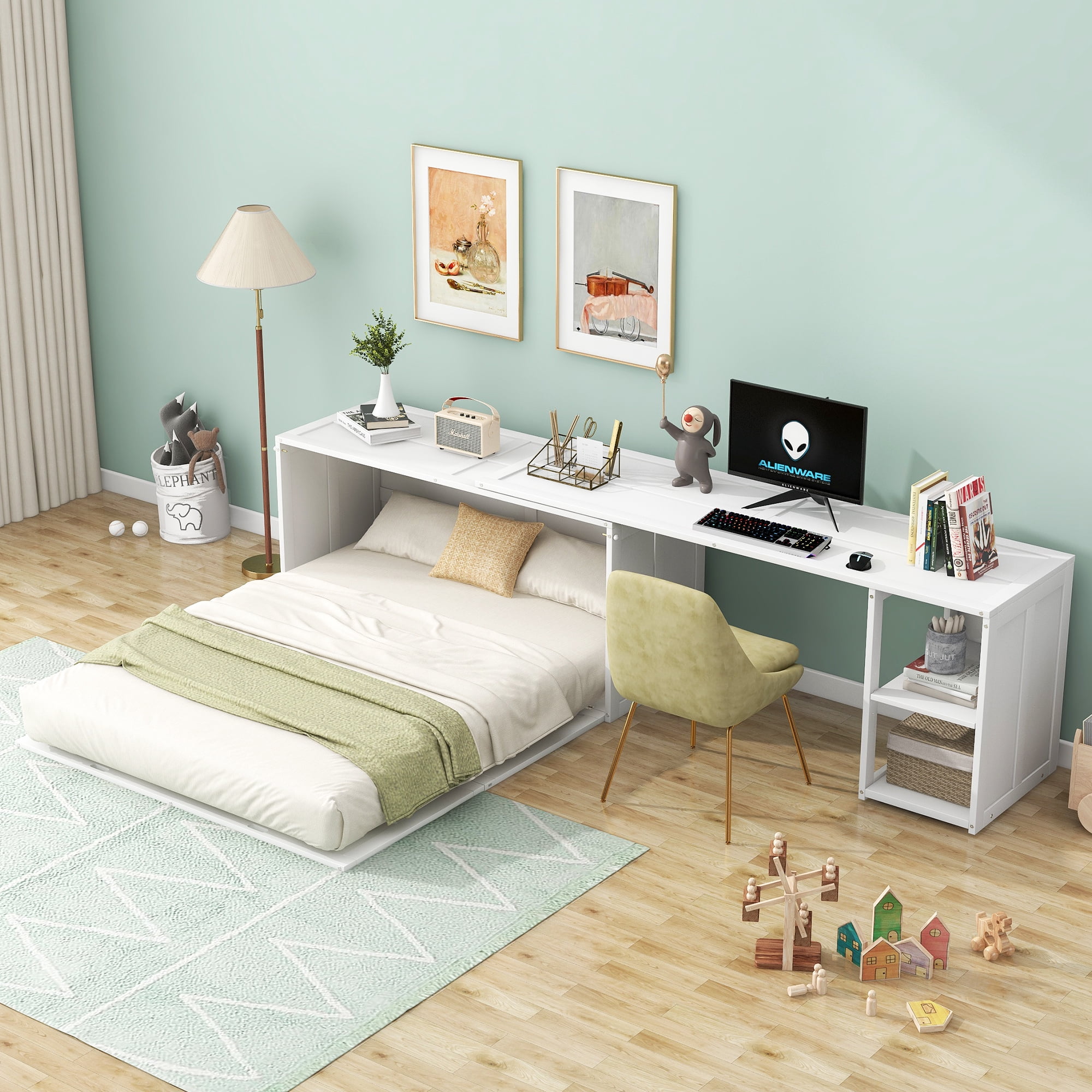 Euroco Queen Size Murphy Bed with Movable Desk, White