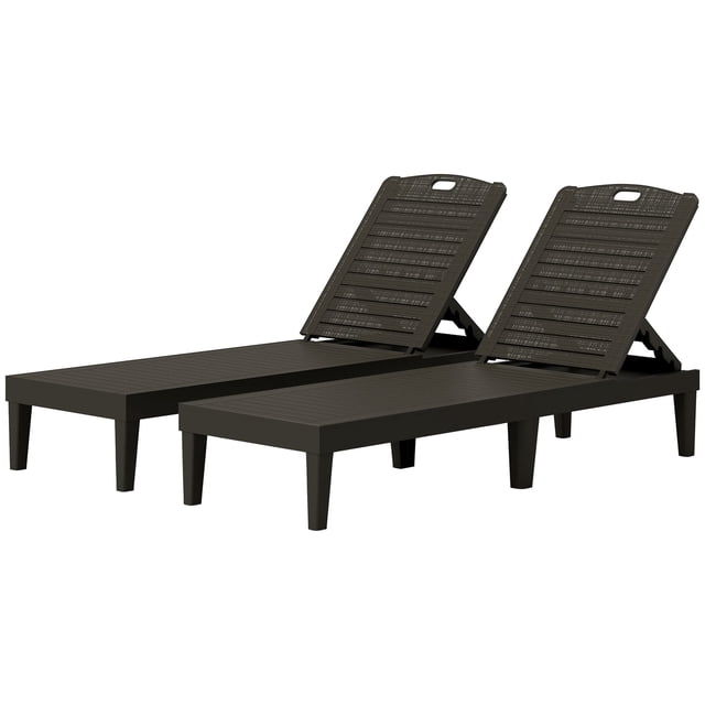 Set of 2 Outdoor Lounge Chairs, Waterproof Polypropylene Patio Sun Loungers with 4-Position Adjustable Backrest and Rattan-Like Slatted Design, Black, 73.6" D for Garden