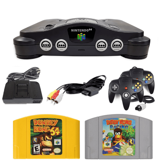 Restored Nintendo 64 N64 Game System with 2 Retrofam N64 Controller Black, Donkey Kong and Diddy Kong Racking (Refurbished)