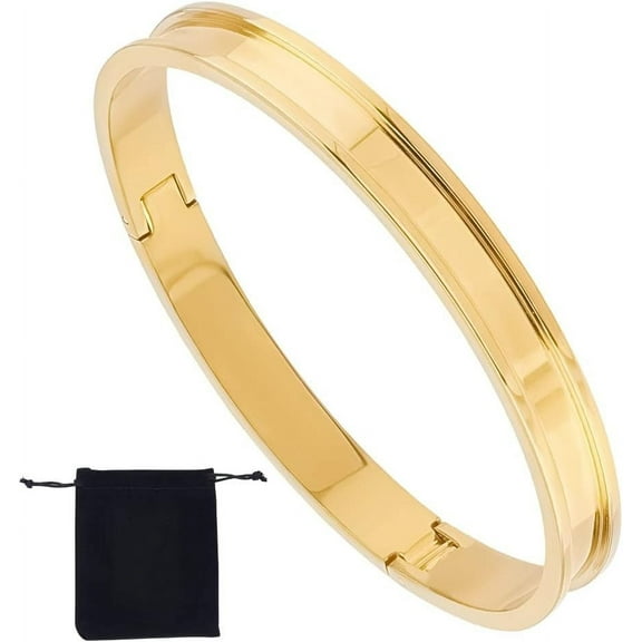 1Pc Golden Hair Tie Bracelet Stainless Steel Grooved Cuff Bangle 6.3x5.5cm Inner Blank Bracelet Empty Bangles Gemstone Leather Inlay Bracelet with Velvet Pouches for Women Gift 1set