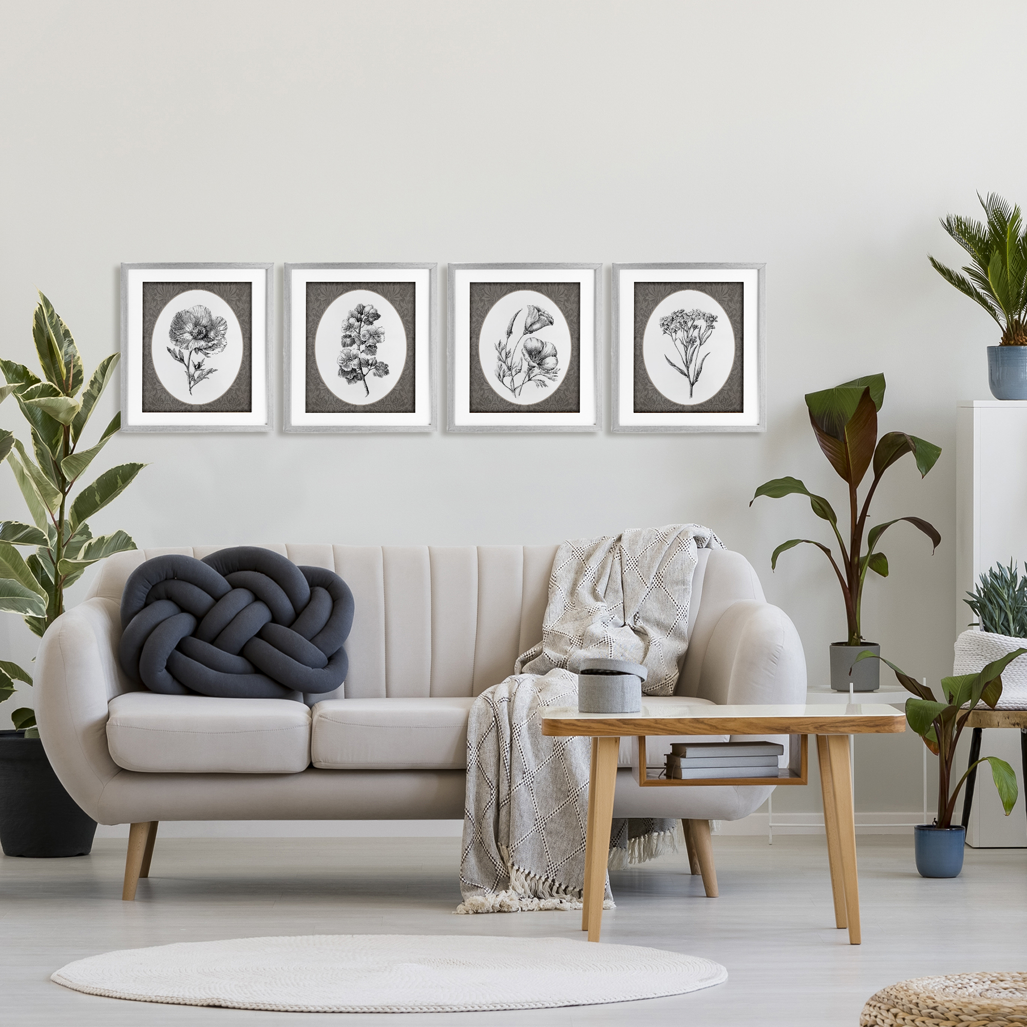 Ornate Blooms over Damask 4 Piece Gray Framed Print Under Glass Set, design by Lettered and Lined