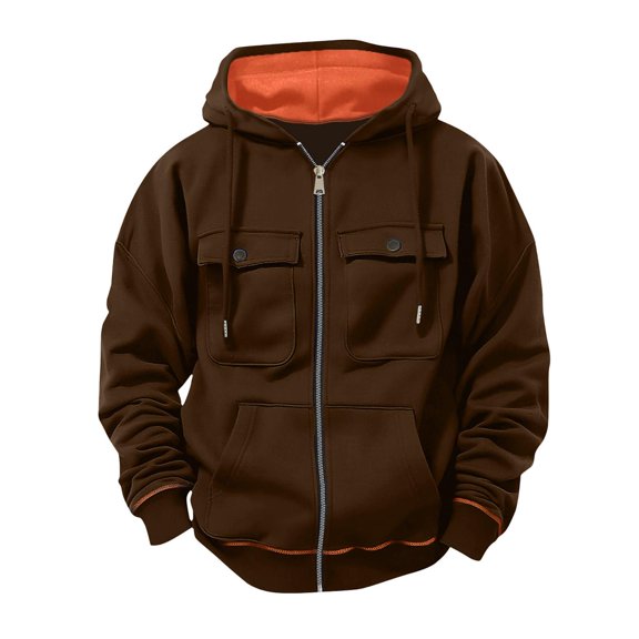 BXJX Men's Hoodie Jacket- Full Zip Drawstring Casual Long Sleeve Sweatshirt with Multi Pockets Coffee Size 3XL