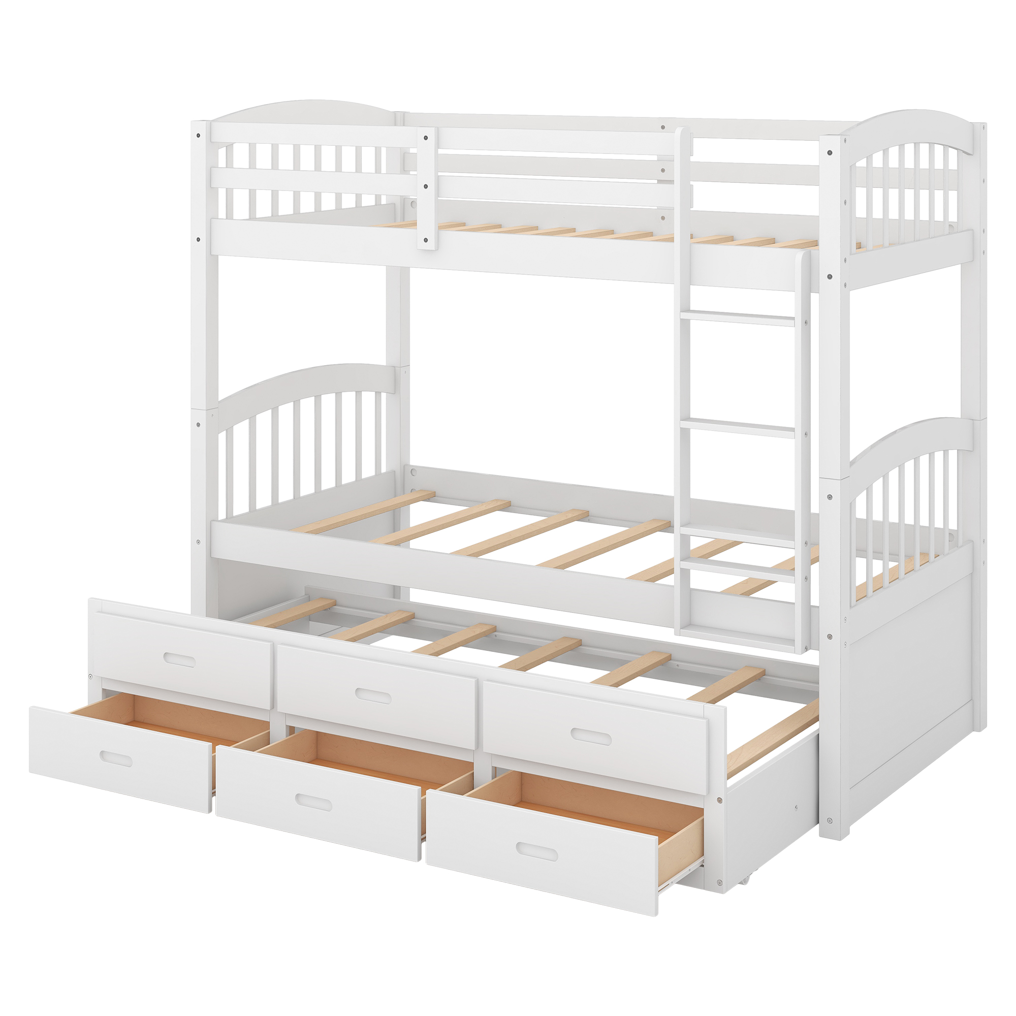 Euroco Twin Over Twin Wood Bunk Bed with Trundle and Drawers, White - image 4 of 13
