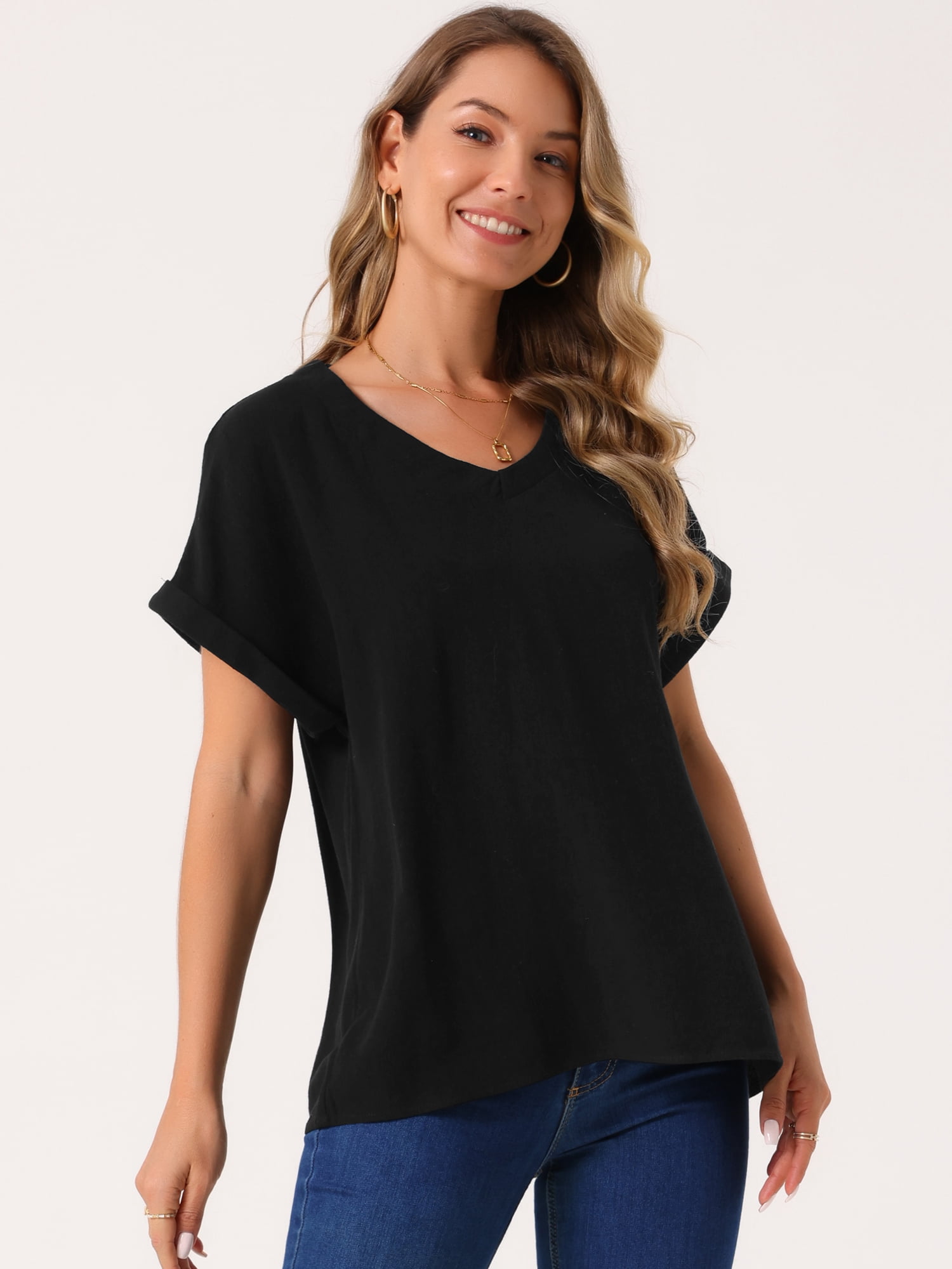 DARING DIVA Women's Linen Shirts Short Sleeve V Neck Blouse XL Black