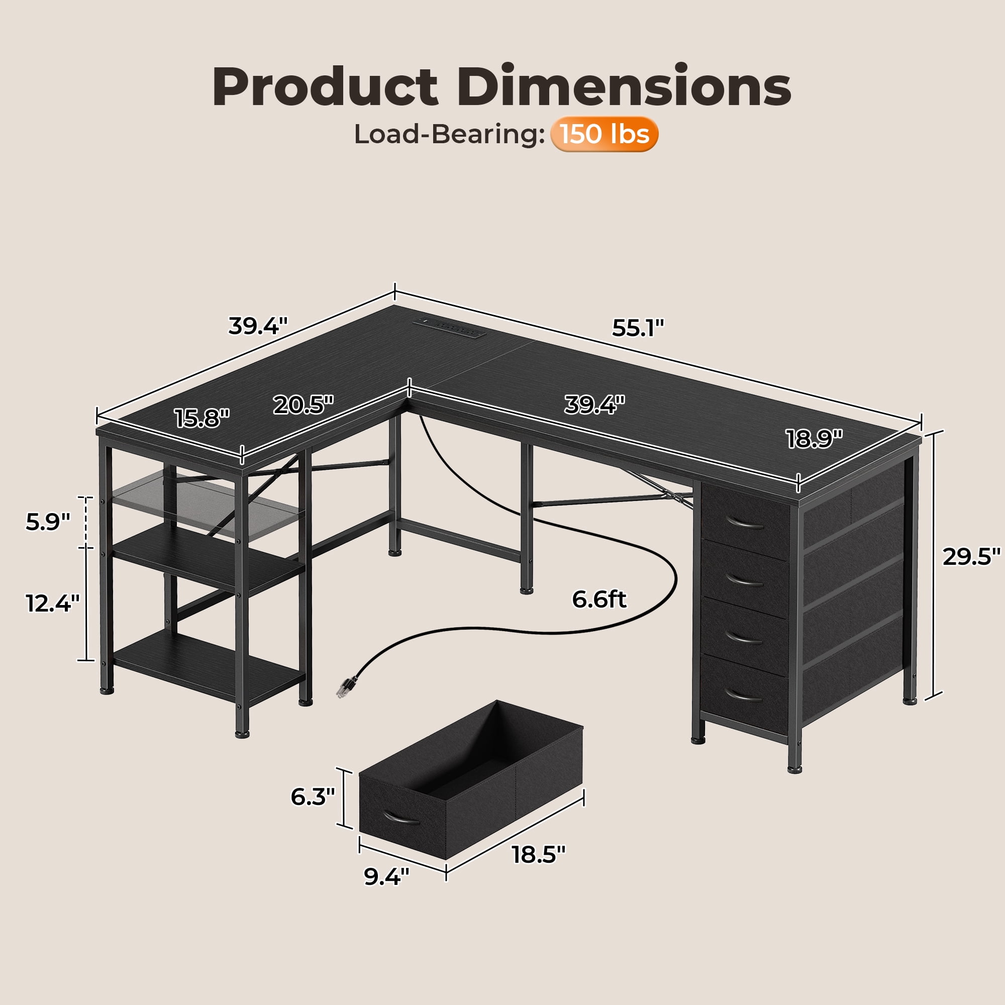 55 Inch L-Shaped Desk with Fabric Drawers, Reversible Home Office & Gaming Desk with Power Outlets, USB-C, and Adjustable Storage Shelves