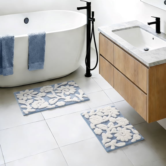 Mainstays 2 Piece Floral Bath Rug Set, Blue, 17" x 24" & 20" x 30"