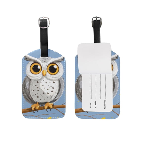 Cartoon Owl Big Eyes Luggage Tags PU Leather Name ID Labels for Suitcase Baggage Handbag 2 Pack