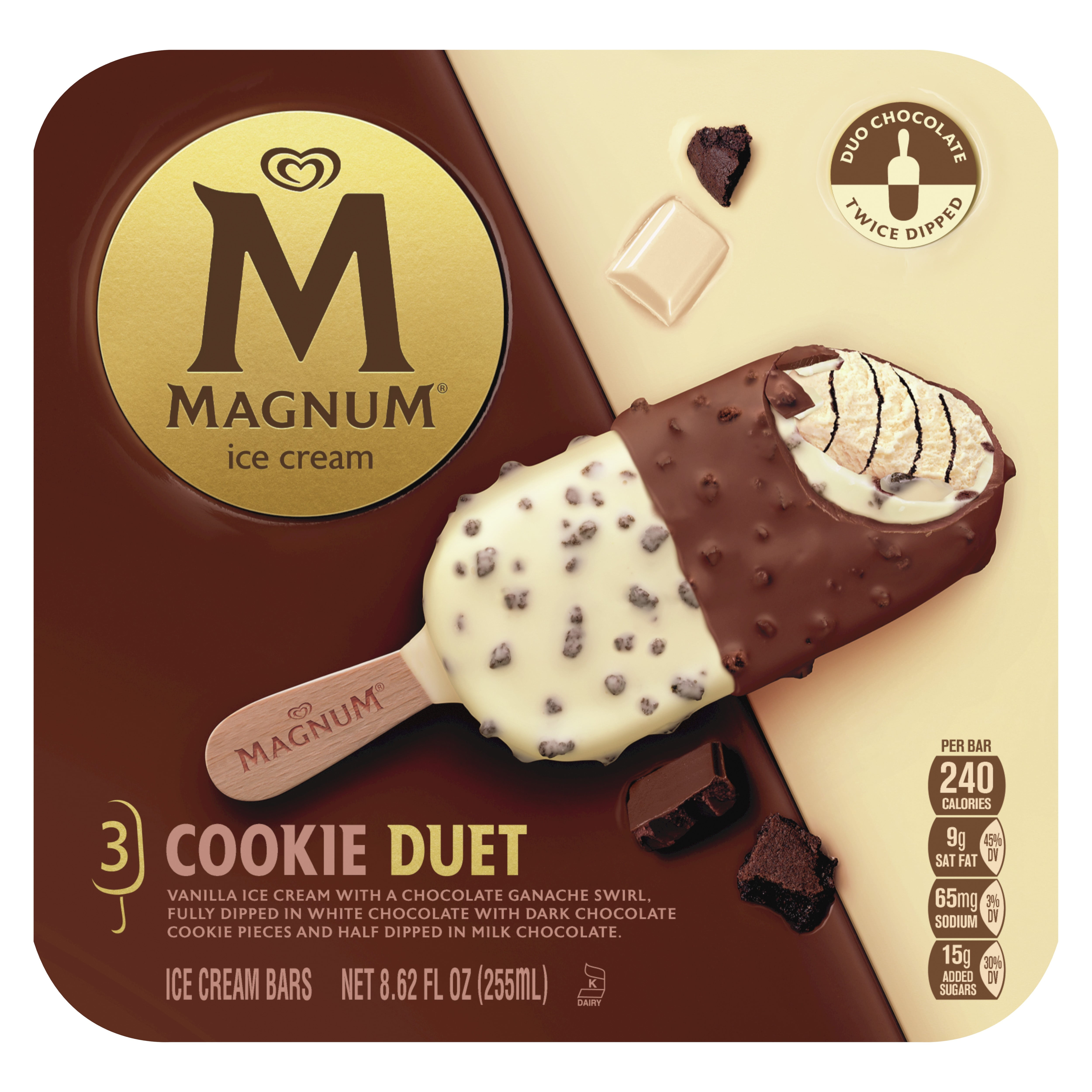 Magnum Creamy Cookie Duet Vanilla Ice Cream Bars Kosher Milk, 3 Count