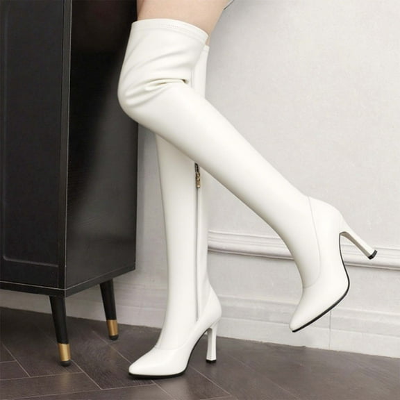 HAOTAGS High Heel Boots for Women, Casual Winter Potined Toe Over The Knee Long Boots White 8.5