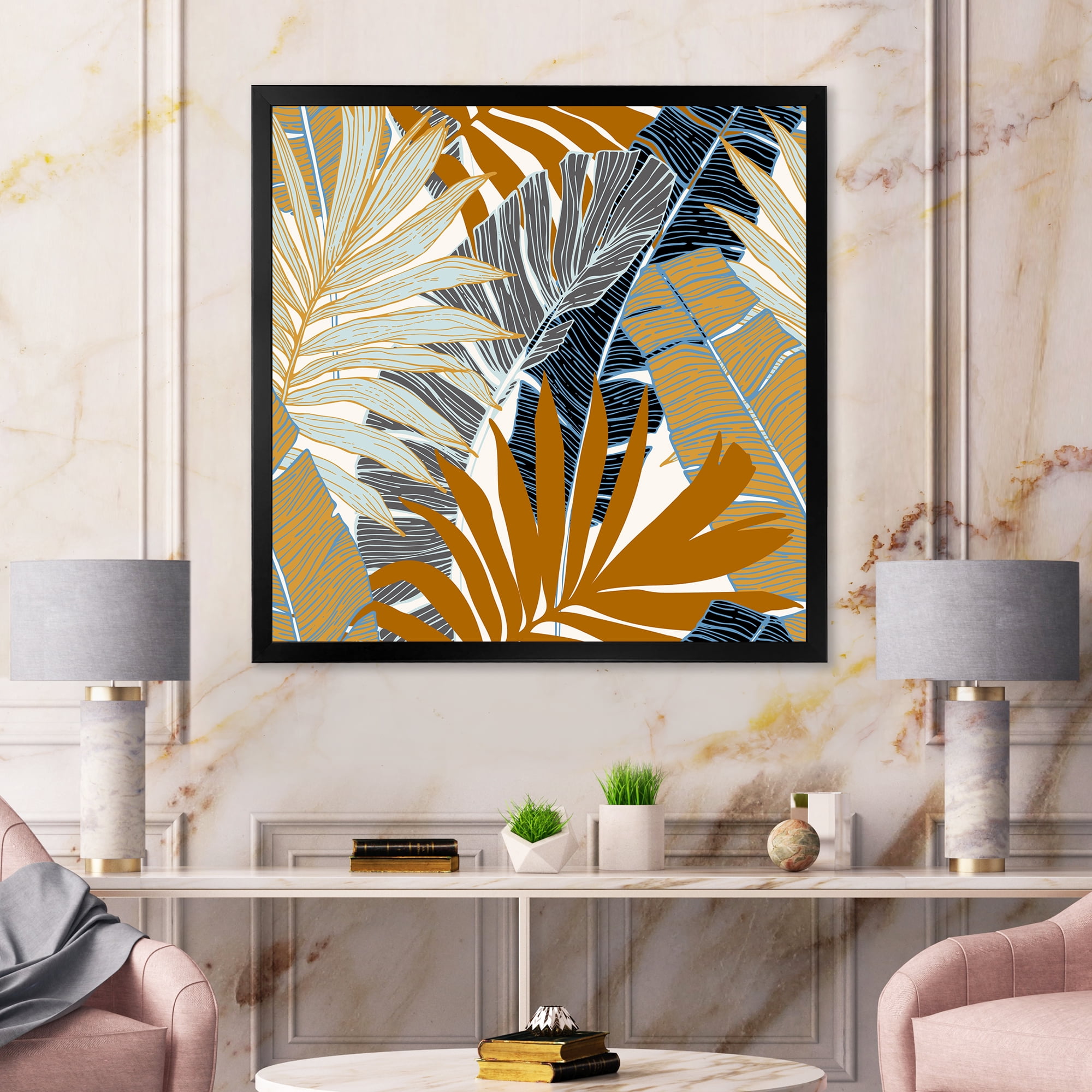 Designart 'Abstract Tropical Summer Banana Leaves and Palm Tree' Modern Framed Art Print