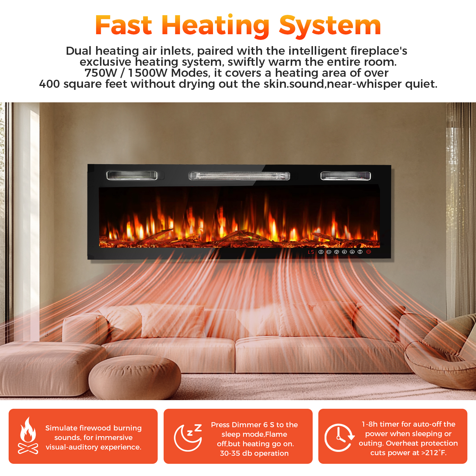 36 inch Ultra-Thin Electric Fireplace in-Wall Recessed and Wall Mounted Fireplace Heater,Linear Fireplace with Multicolor Flame,Timer,Low Noise,750/1500W,Touch Screen & Remote Control(36’’)