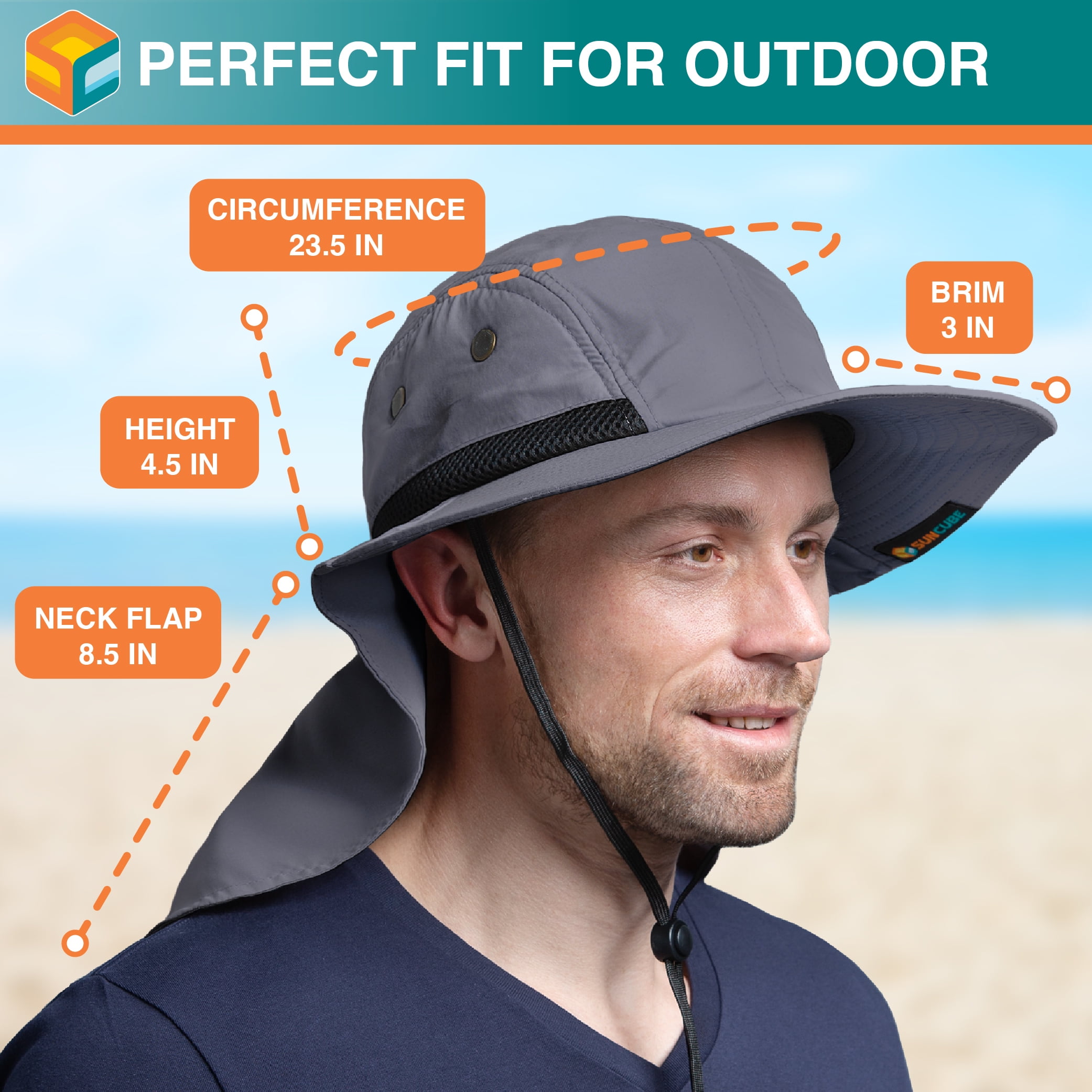 SUN CUBE Wide Brim Sun Hat, Neck Flap, UV Protection, UPF 50+