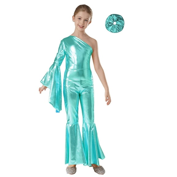 dPois Kids Girls Metallic Bell-bottom Jumpsuit with Hairband Set for Hip Hop Dance Leotard Blue Green 14