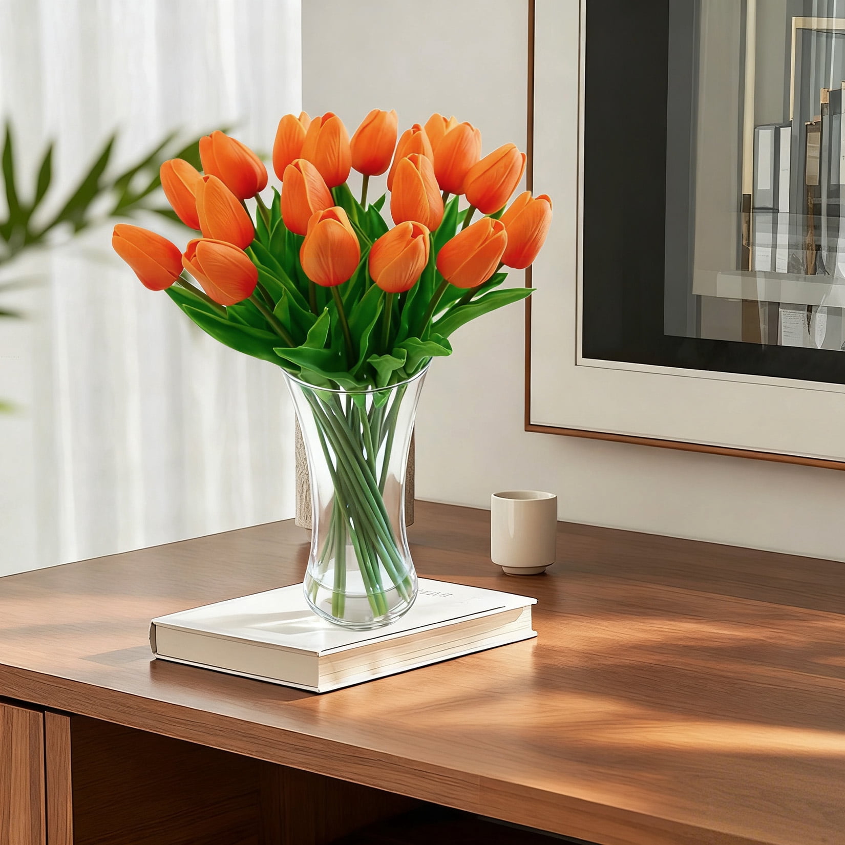 20 Pcs Artificial Real Touch Tulips Flowers in Glass Vase, Orange Tulip Arrangement with Faux Water for Dining Table Home Decor Wedding Centerpieces