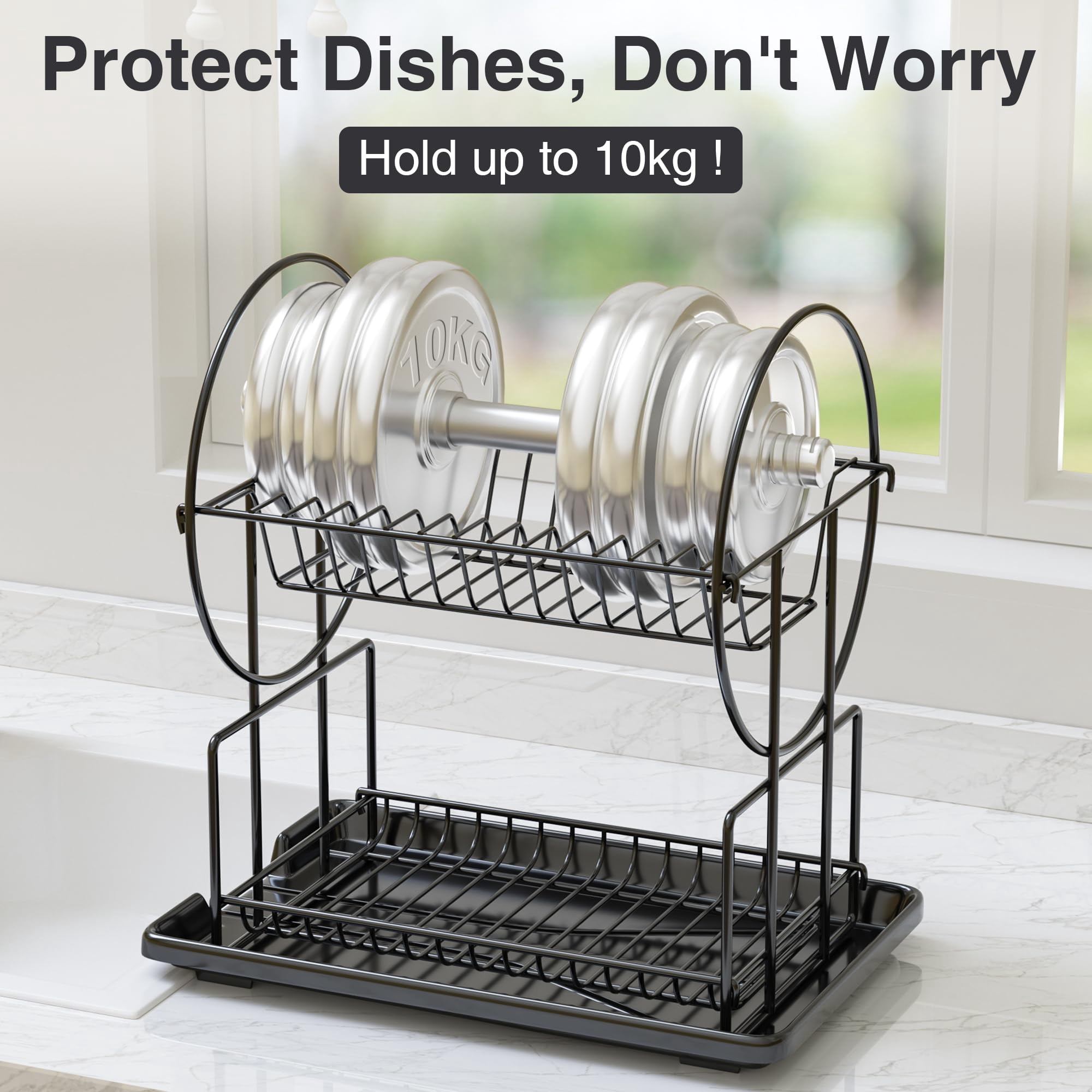 NIFFGAFF Dish Drying Rack, Black 2 Tier Dish Drainer Racks with Tray, Cup Utensil Holder for Kitchen (15*9.3*14.6 in)