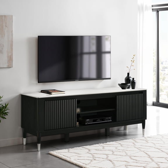 Furniture of America Stallia Modern TV Stand for TVs up to 80" with Open Shelf and Sintered Stone Top, Black